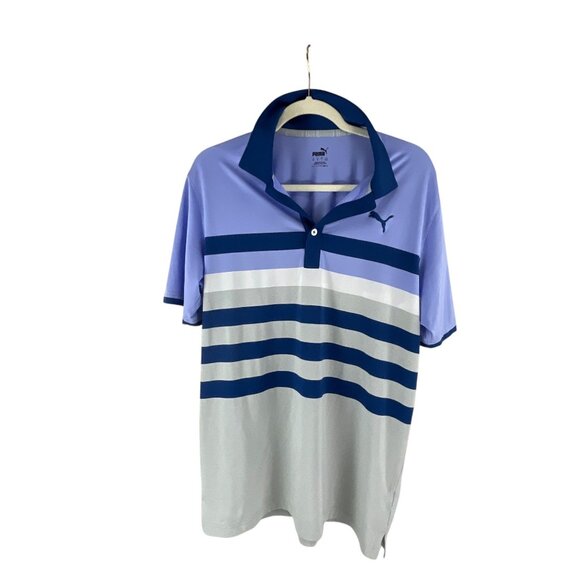 Puma Mens Striped Polo Shirt Blue & Gray Size M Short Sleeve Logo Golf Casual - Picture 5 of 9